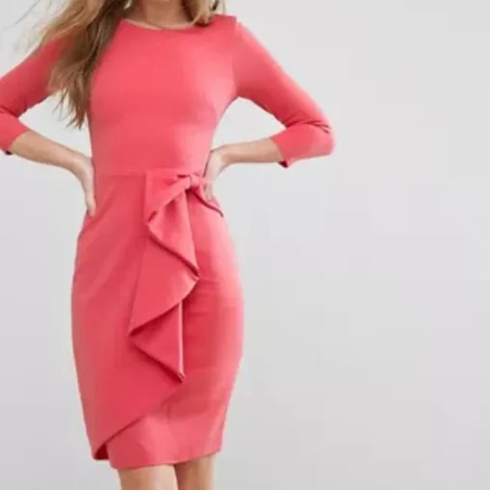 NWT City Goddess 3/4 Sleeve Sz 12 Waterfall Peplum Midi Frill Bow Coral Dress